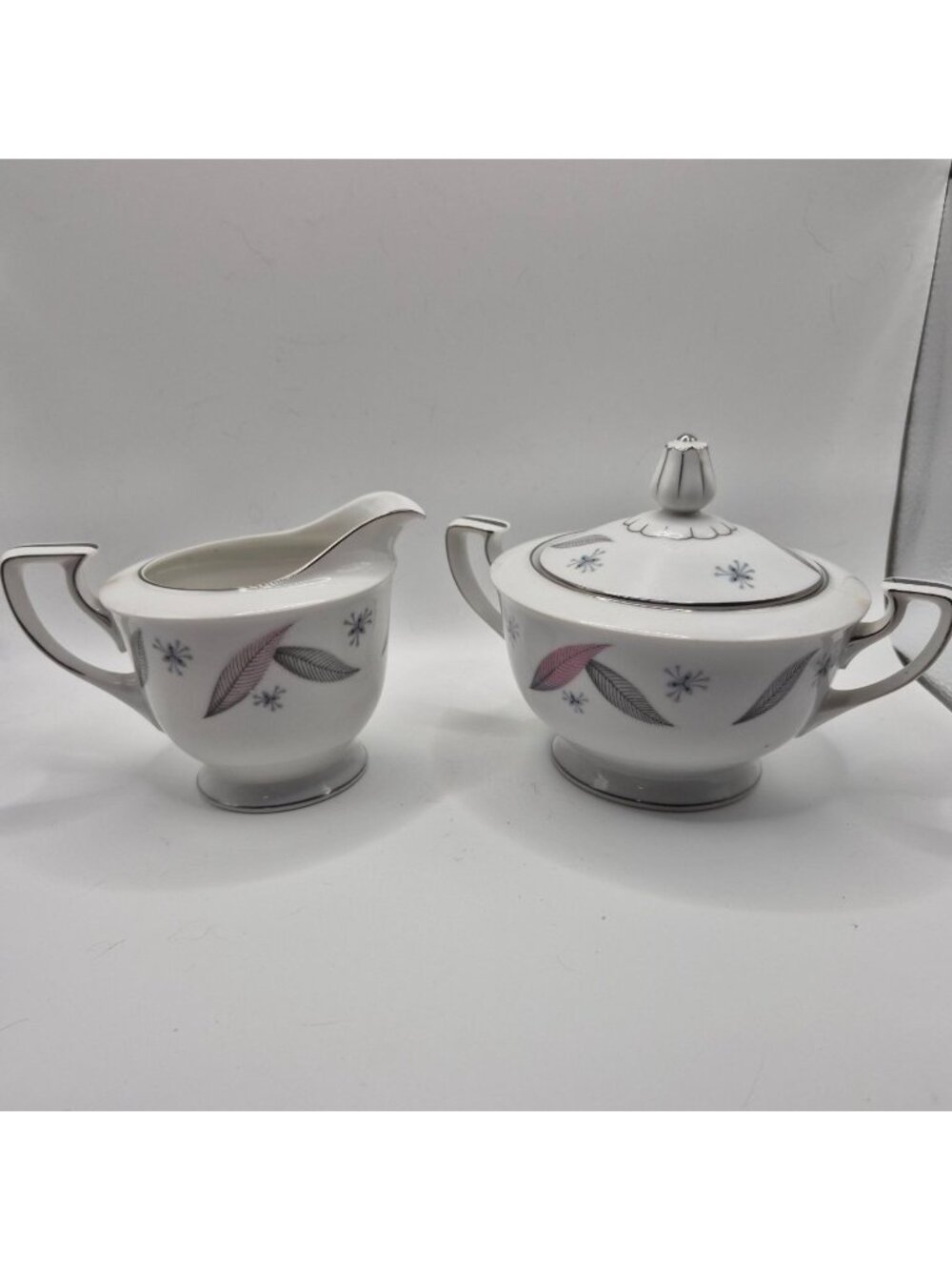 Serenade By Narumi Japan Creamer Sugar Set - Vintage White Pink Gray Silver Trim
